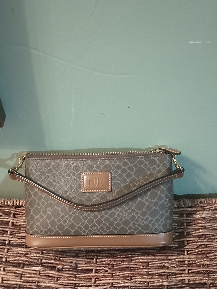Nina Ricci Taupe Patterned Crossbody With Tan Leather Trim